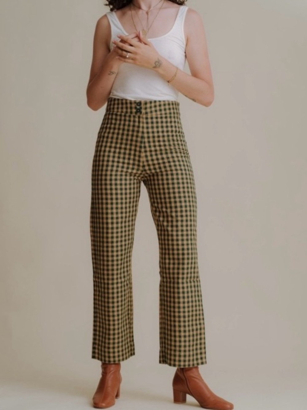 High-Rise Olive Check Straight-Leg Trousers